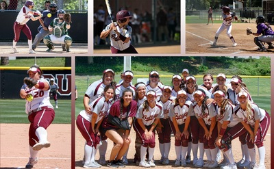 Collage of senior softball player action shots and a casual team picture